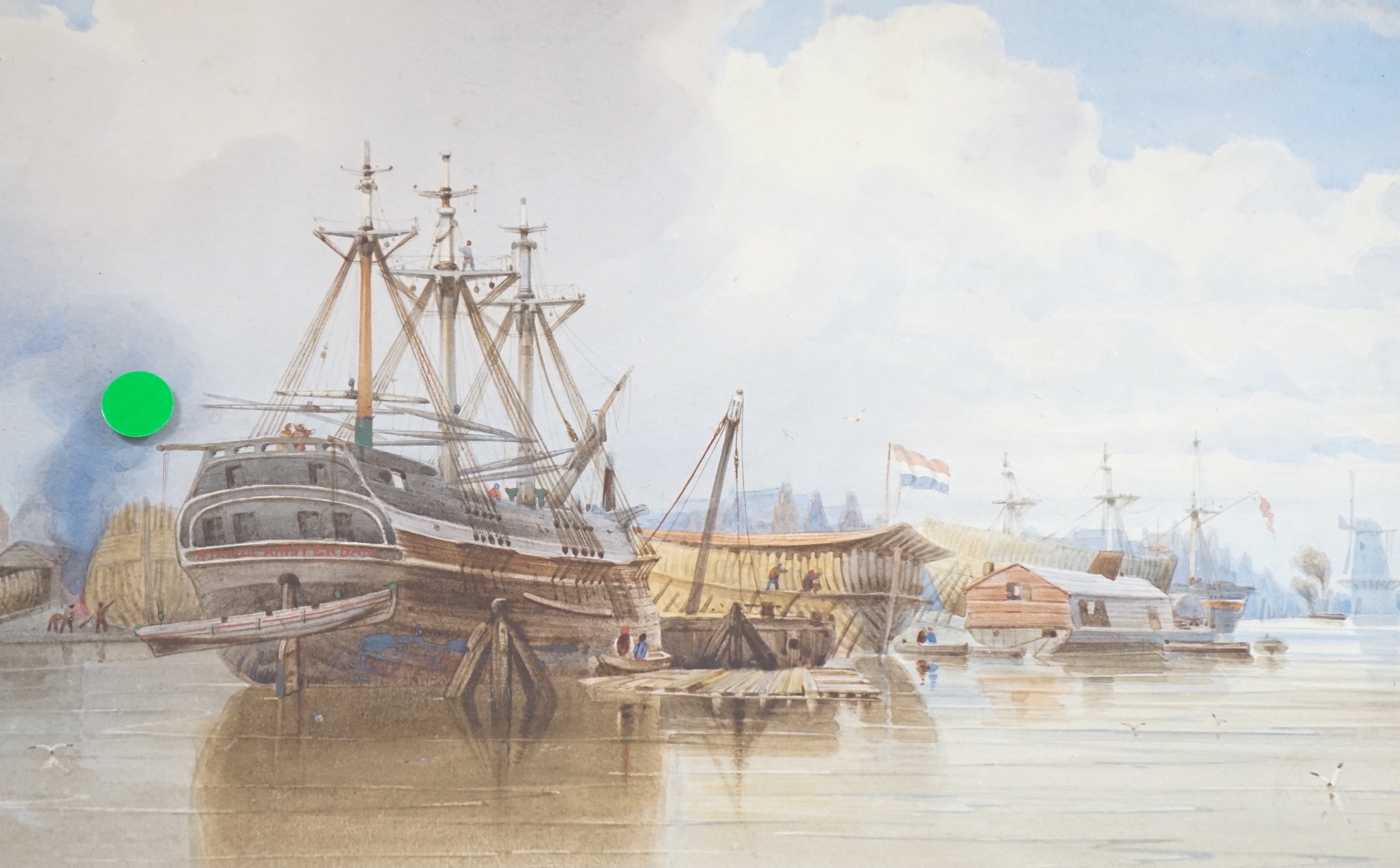 William Clarkson Stanfield RA (1793-1867), watercolour, French harbour with galleons at anchor, signed monogram (on barrel), dated 1860, 26 x 41cm